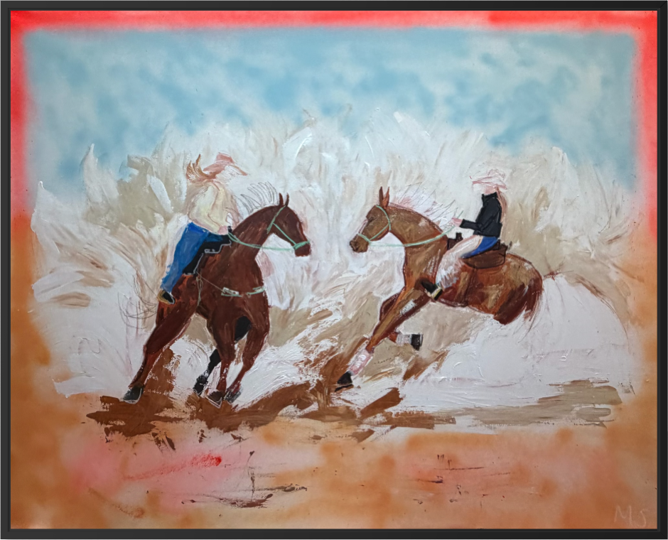 Contemporary barrel racing painting of two riders racing horses in warm brown, blue, white, and sandy tones, titled "Barrel Racing, Hearts a Pacing, Life's Amazing."