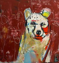 square canvas painting featuring an abstract depiction of a bear with red, white, and yellow colors against a red background.