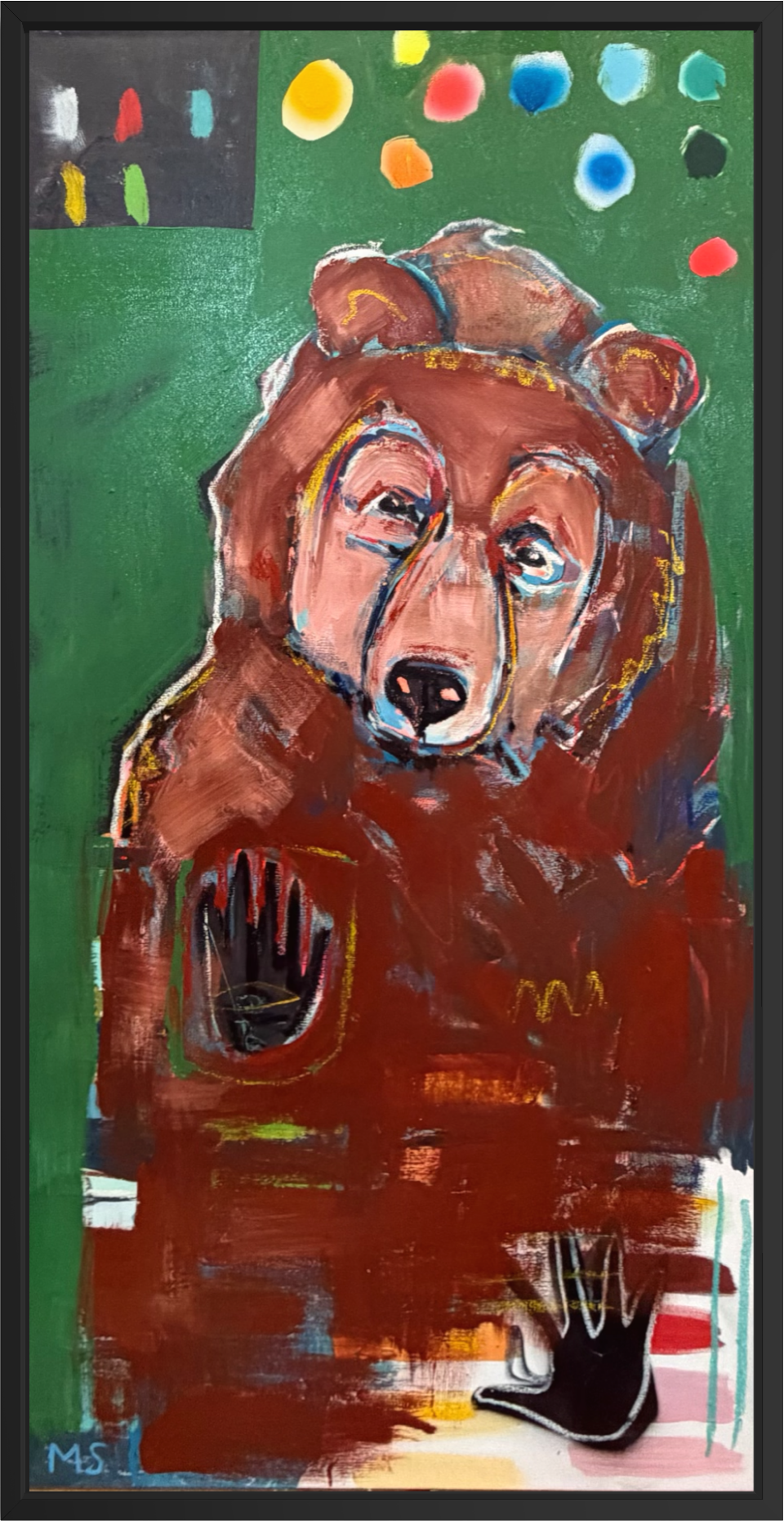 Original bear painting featuring an expressive brown bear portrait, hand-painted with acrylic and oil stick on canvas.