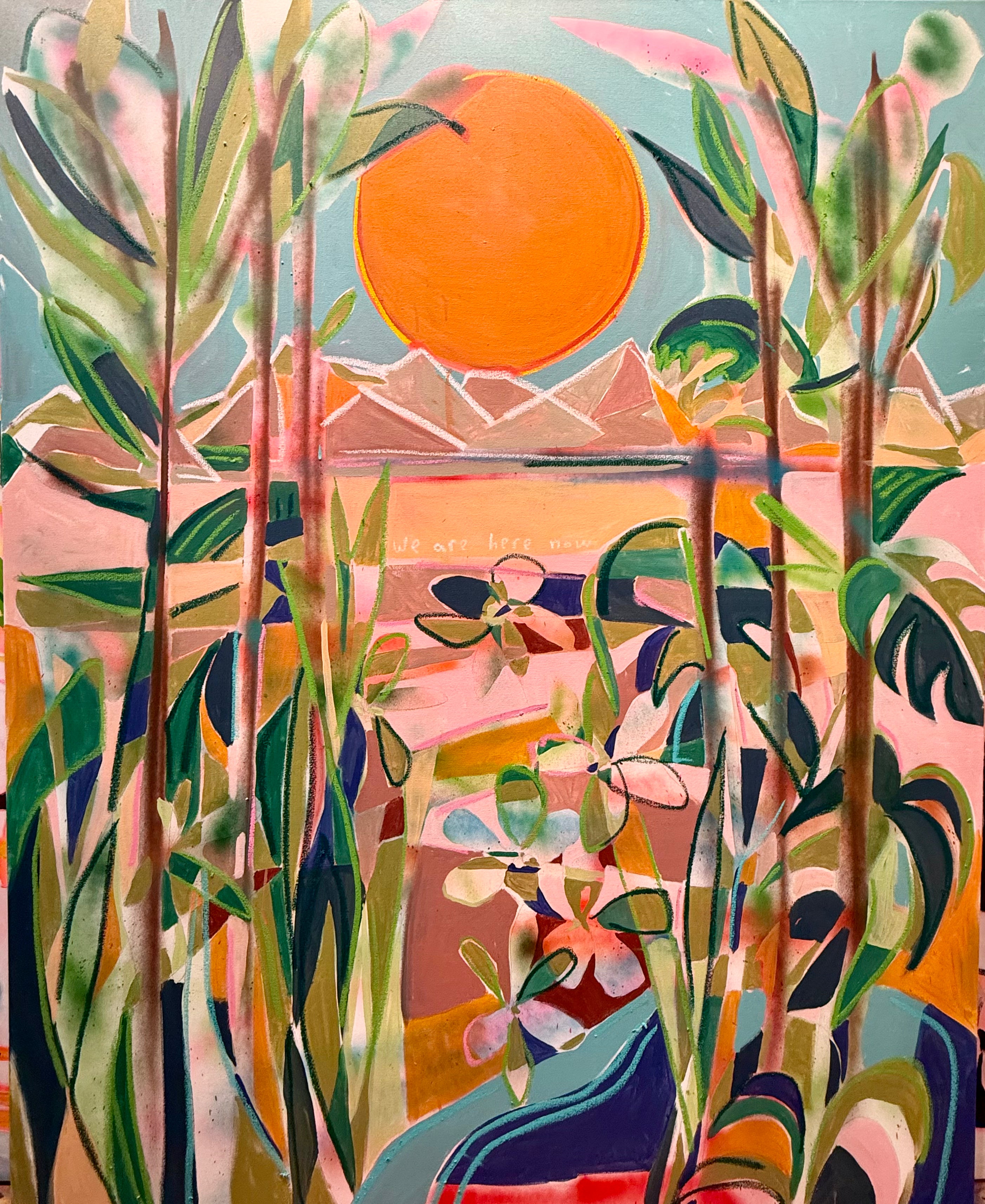Sunset landscape painting with tall plants, mountains, water and a vibrant orange sun, created with acrylic and oil stick on canvas.