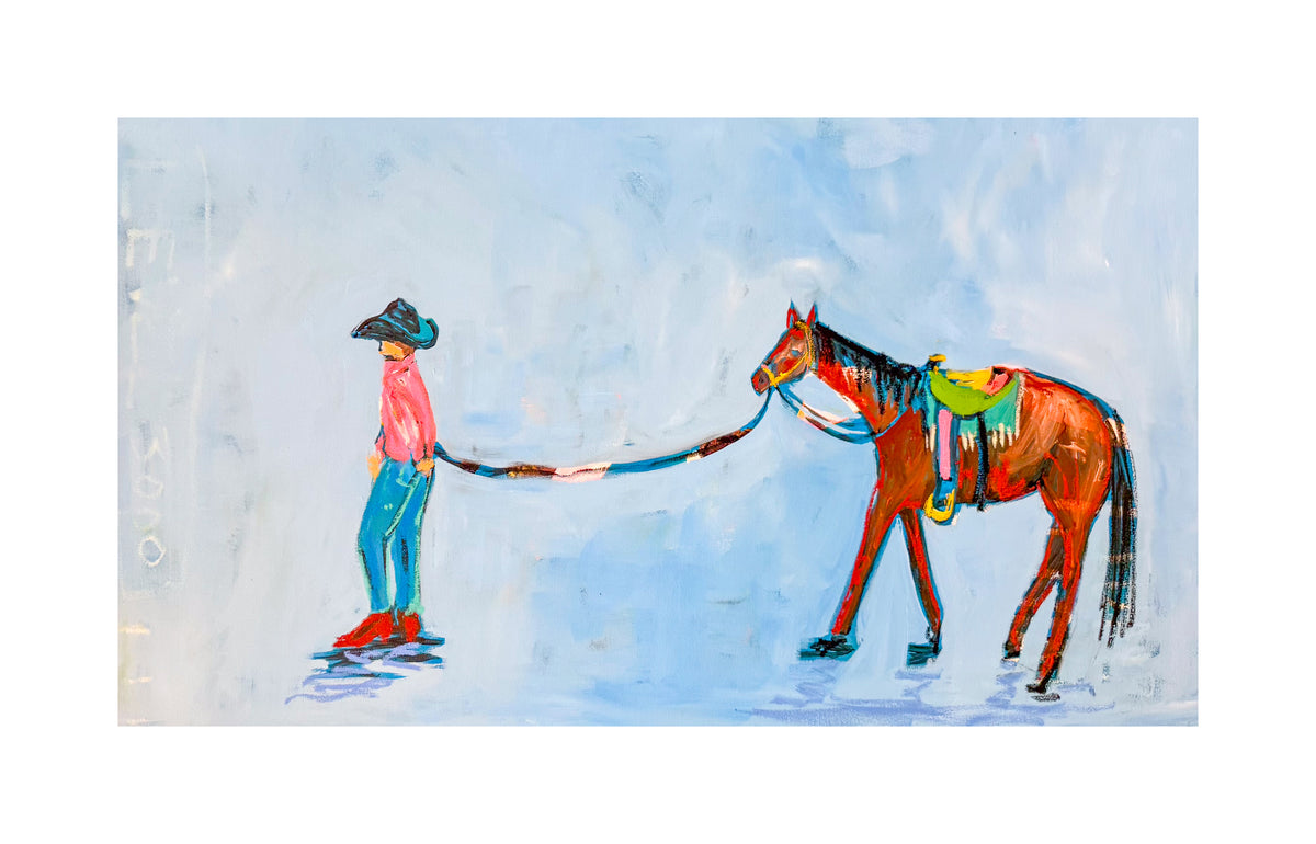 cowboy art print titled a boy and his horse showing a young cowboy leading a brown horse on a light blue background paper.