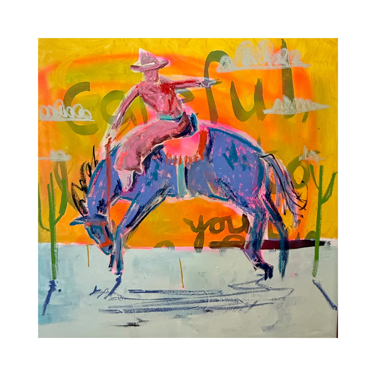 abstract horse print  showing a colorful horse and rider against a bright orange abstract background.