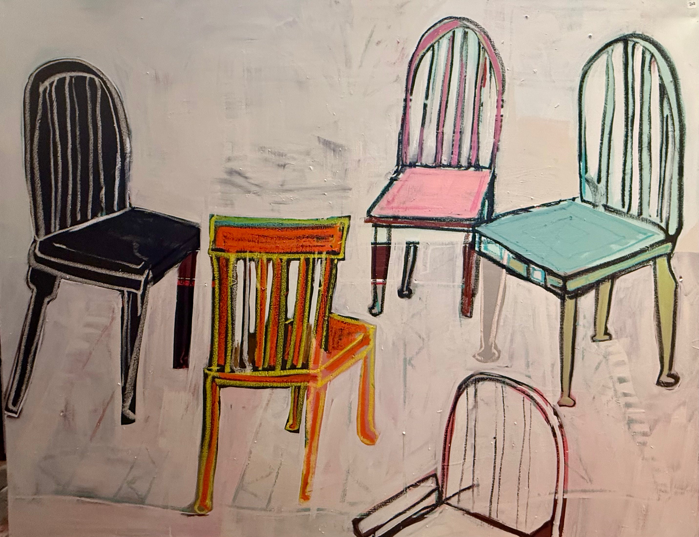 Original chair painting featuring colorful expressive chairs in an abstract mixed-media composition.