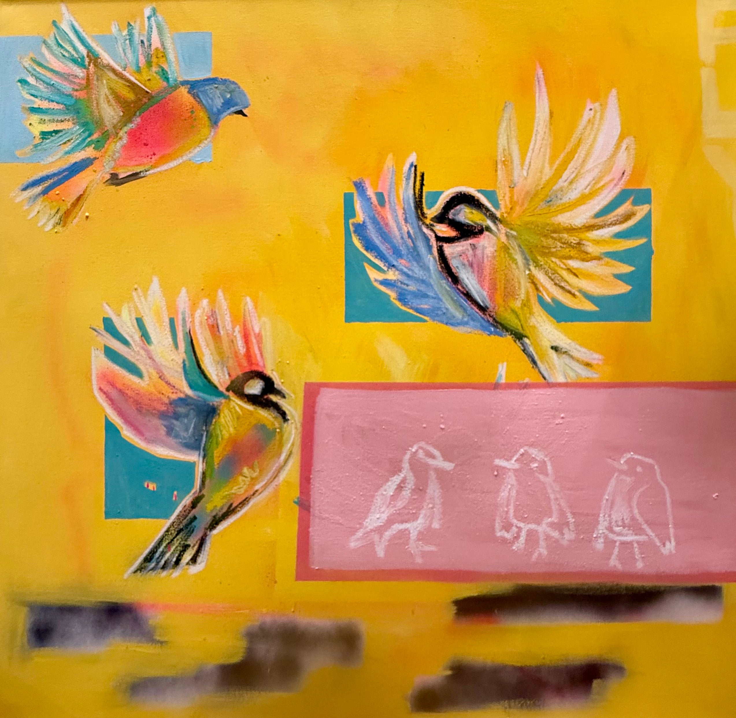 contemporary wildlife artwork with expressive blue and orange birds against a vibrant yellow background.