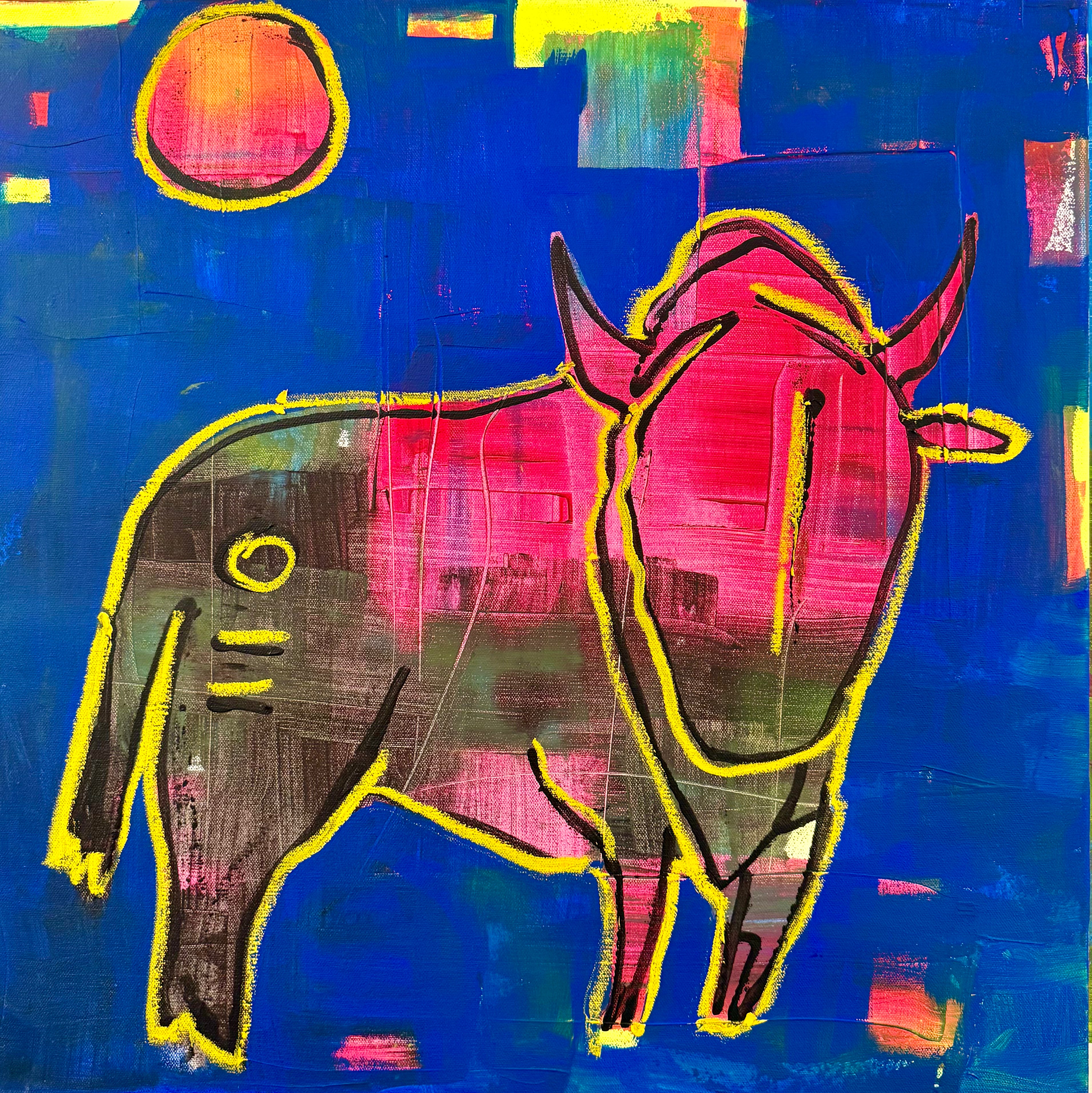 Abstract painting of a bull with bright colors on a blue background.