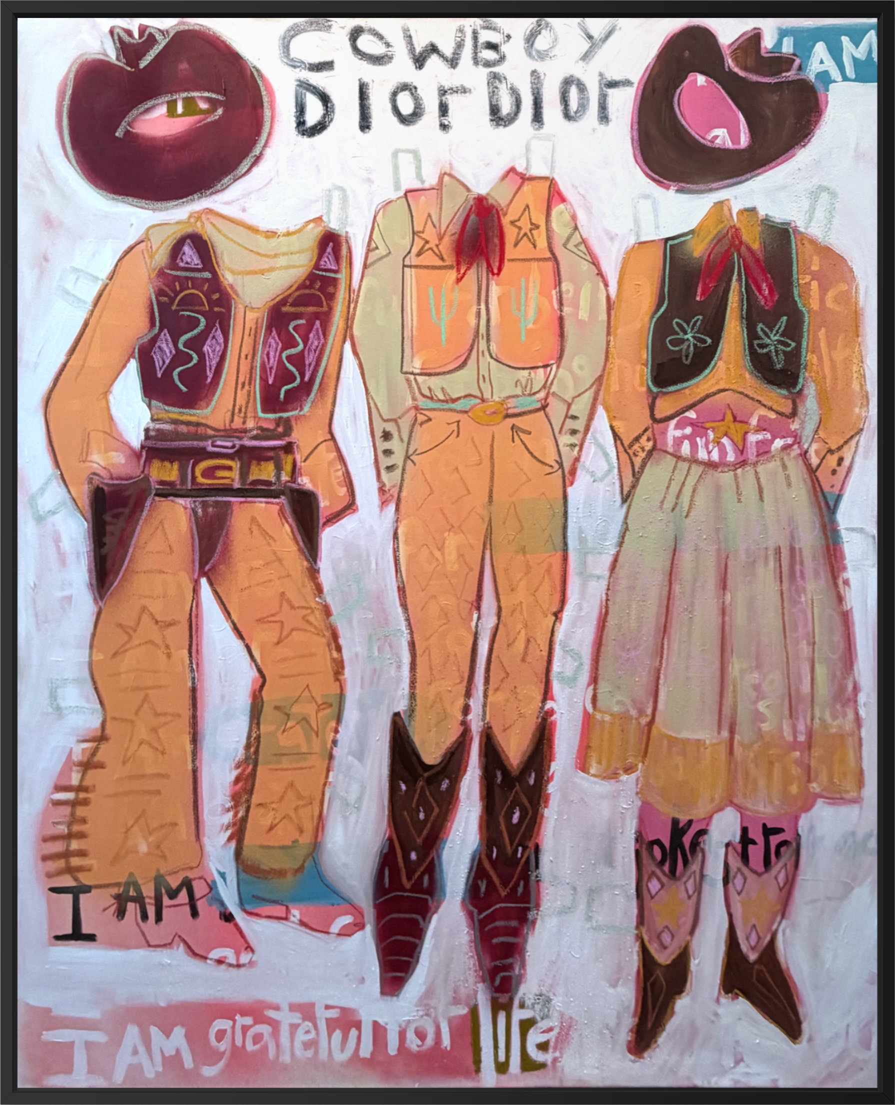 A stylized pop-art illustration of three cowboy outfits with boots, vests, and hats, accompanied by the text 'Cowboy Dior Dior' and 'I AM grateful for life'.