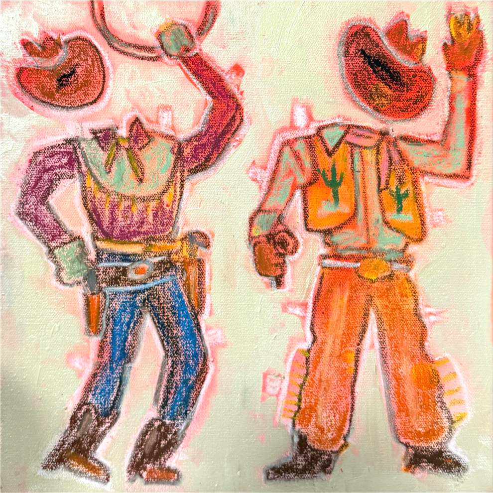 A colorful painted illustration of two cowboy figures on a pale background created with acrylic and oil stick on canvas.