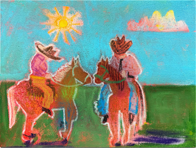 A colorful pastel or crayon-style painting of two cowboys on horseback facing each other in an open landscape, with a bright sun, clouds, green field, and blue sky.