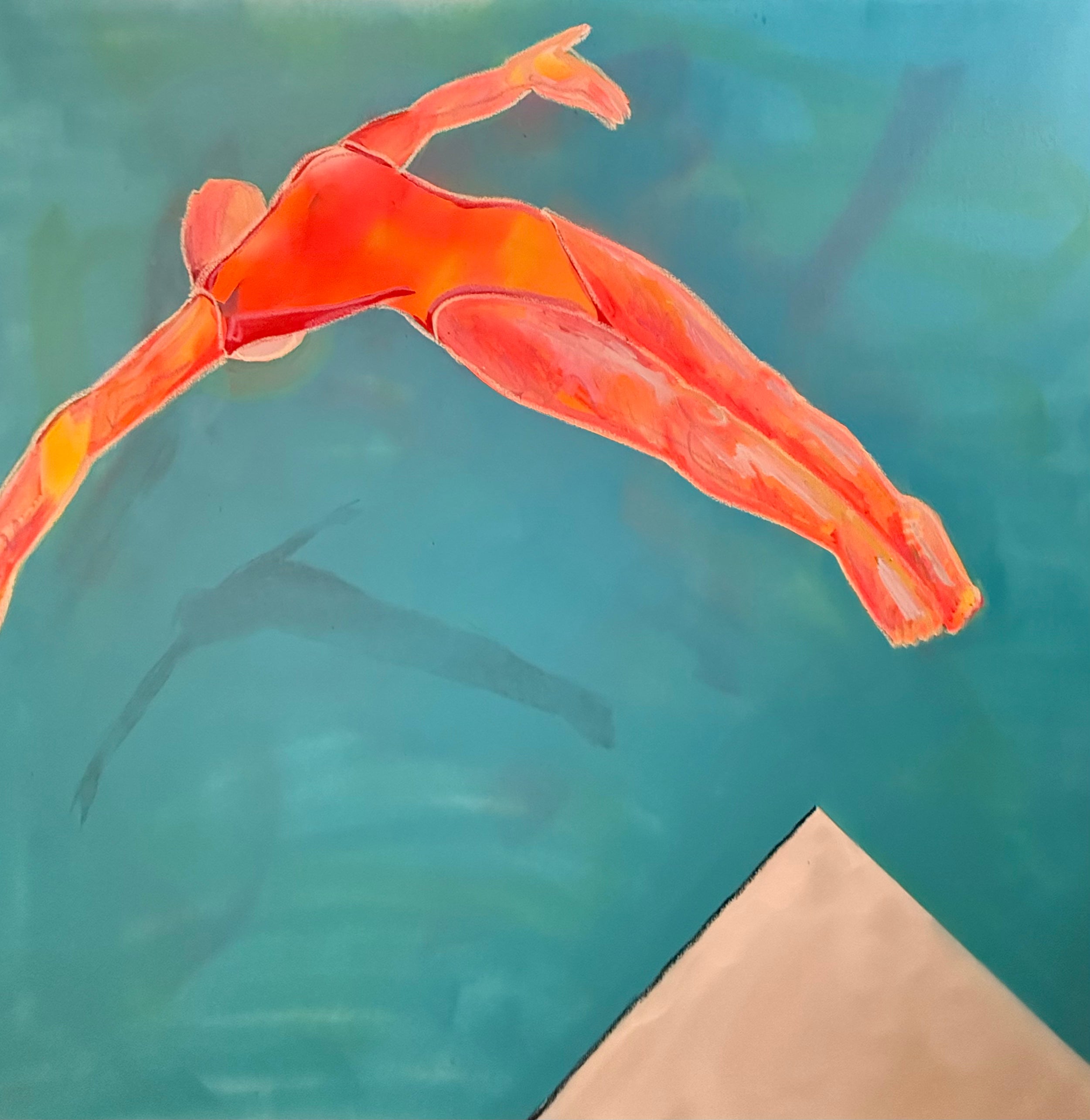 turquoise wall art titled deep dive to be alive showing a figure diving into  pool water on canvas.