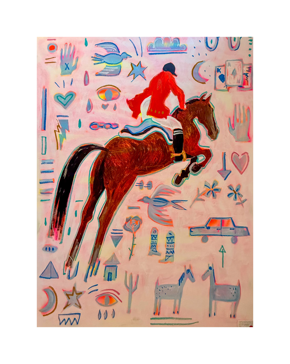 wild animal print featuring a horse and rider with hearts, stars and playful abstract details.