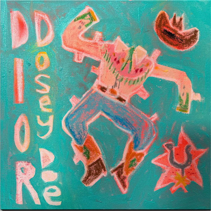 A colorful painted artwork showing a stylized cowboy figure in pink, blue, green, and brown tones.