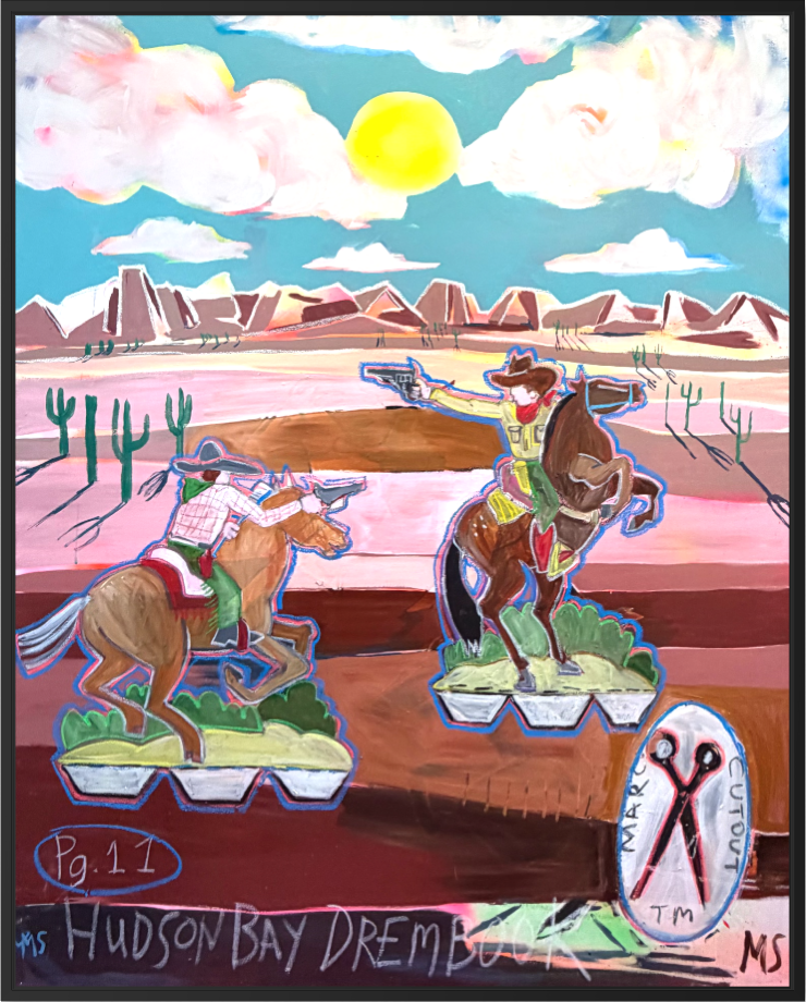 Original western cowboy painting featuring riders on horseback in a colorful desert landscape, created with acrylic, oil stick, and spray paint on canvas.