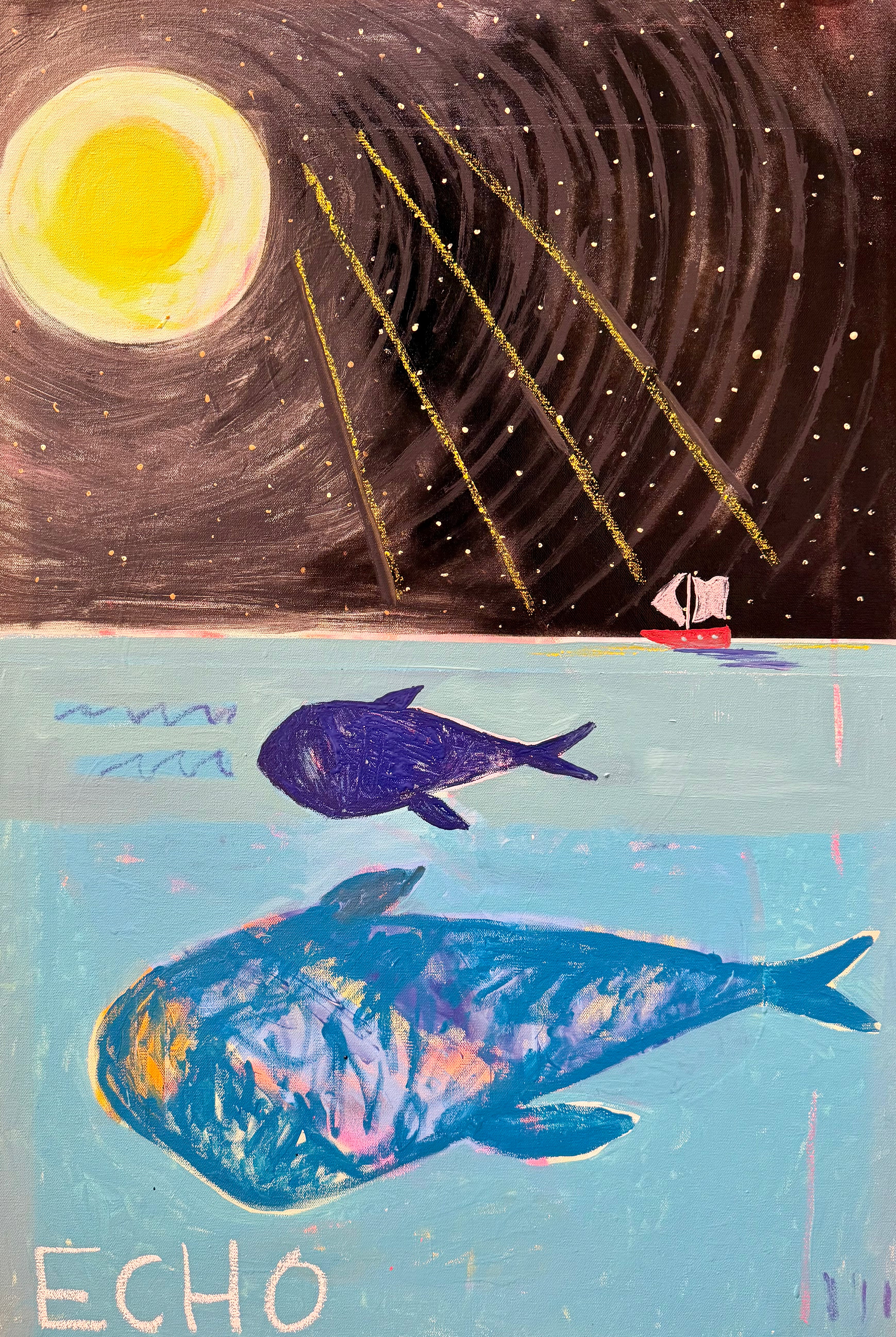 Illustration of a whale and fish with a ship and sun in the background.