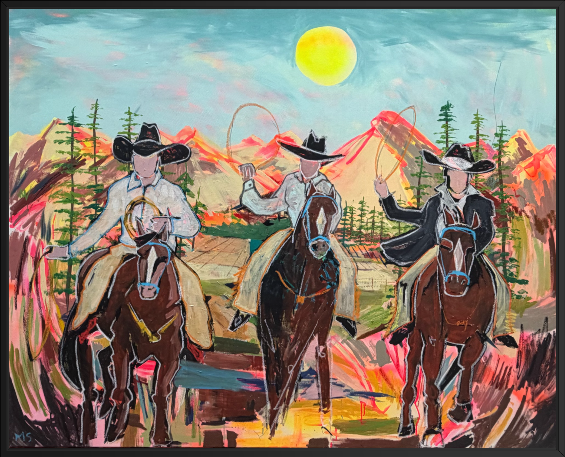 A colorful painting of three cowboys on horseback riding through a mountain landscape with a bright yellow sun in the sky.