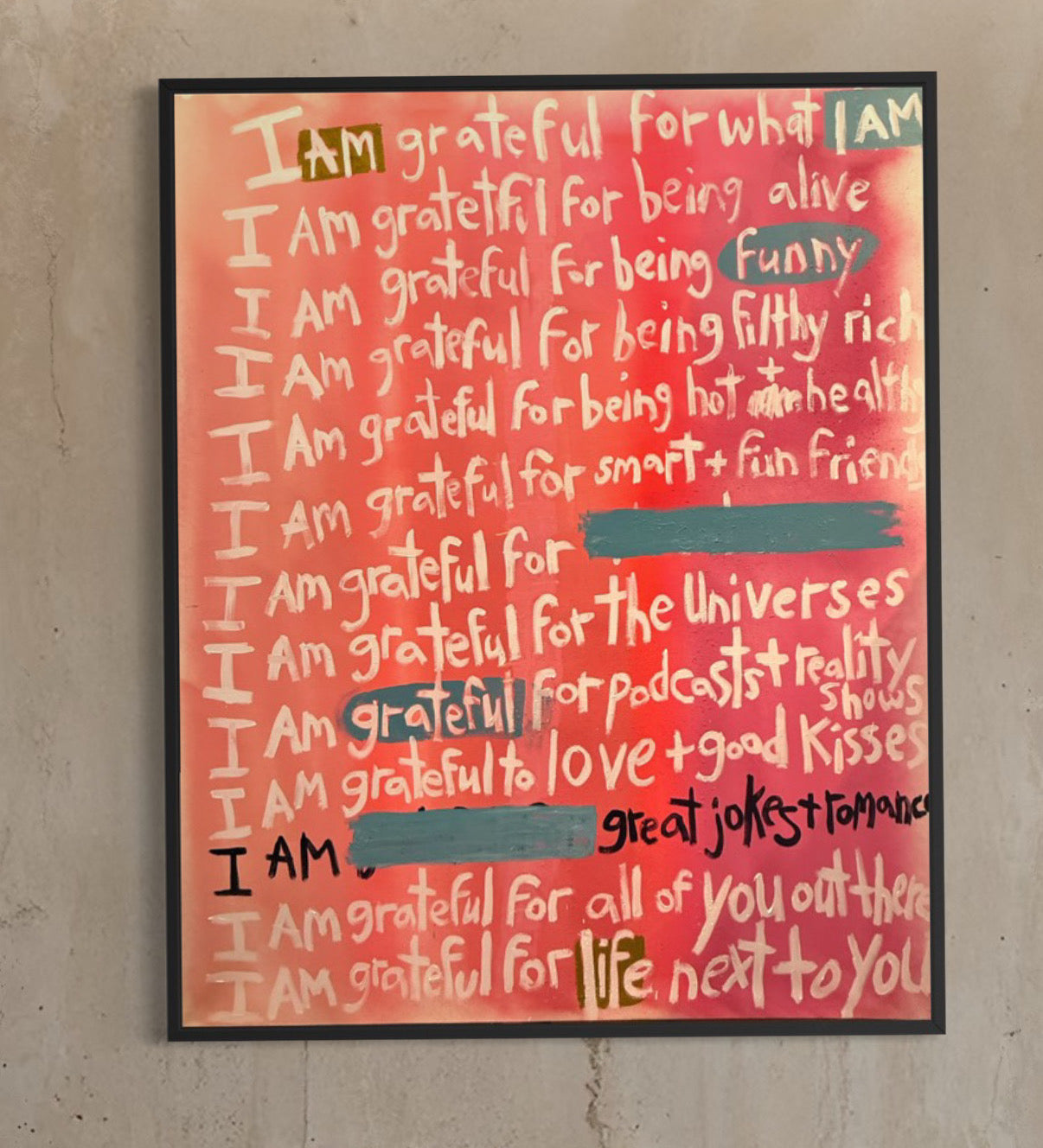 Gratitude wall art featuring expressive handwritten gratitude affirmations in warm coral and earthy tones for home decor.
