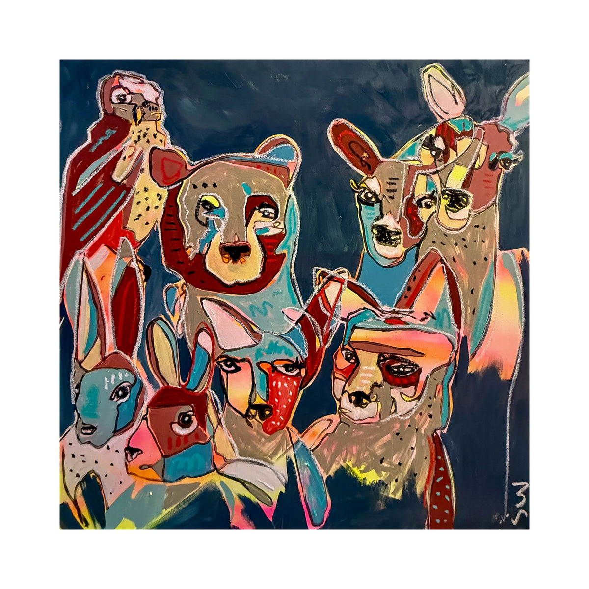 zoo animal print featuring an expressive group of wildlife figures in a playful illustrated style.