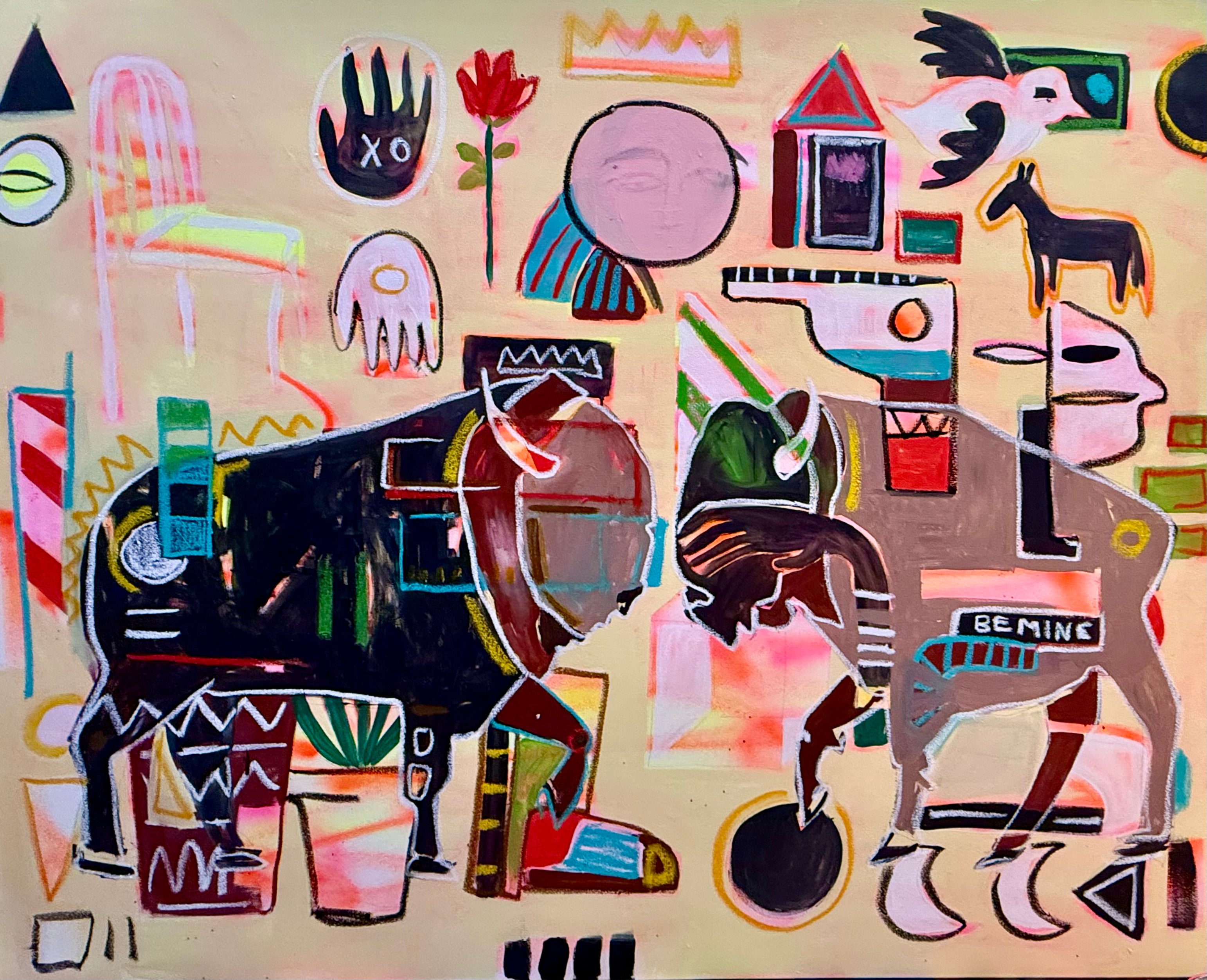 Colorful abstract artwork with various shapes and animals on a beige background.