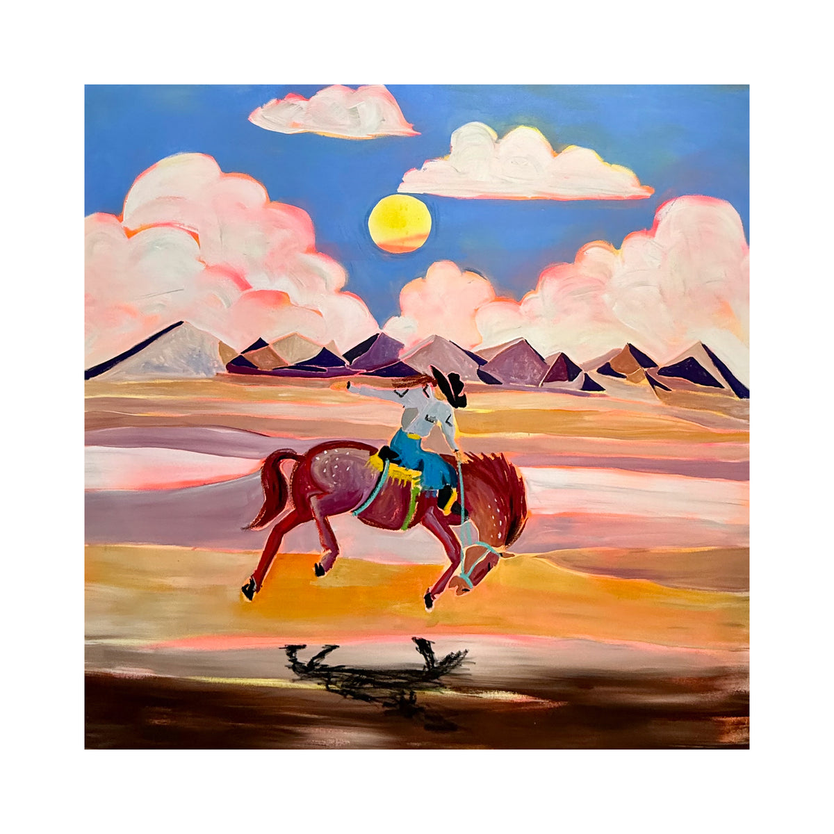 horse art print with colorful mountains, soft clouds and glowing sun.