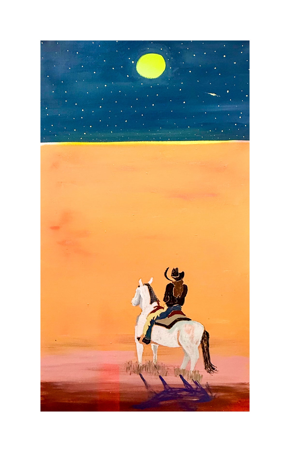 limited print  titled follow your dreams showing a cowboy on a white horse under a starry night sky and full moon on paper.