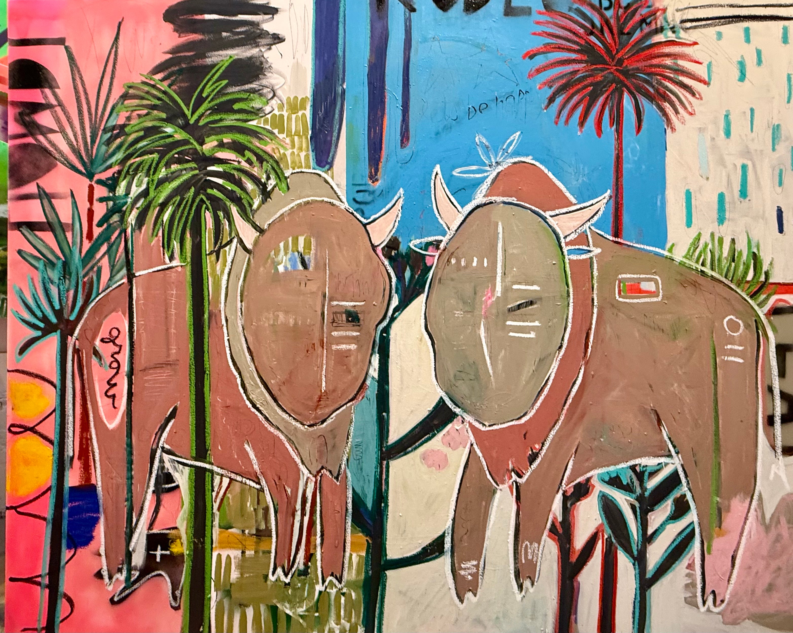 animal painting on canvas featuring two expressive figures surrounded by tropical plants.