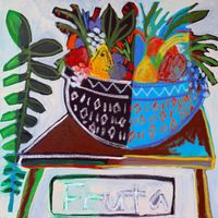 A colorful painting of a fruit bowl with an array of fruits including bananas, an orange, and an apple, set against a white background.