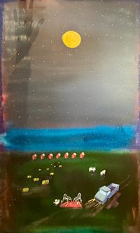 Moonlit landscape painting with glowing moon, dark sky, blue horizon and figures beneath the night sky.