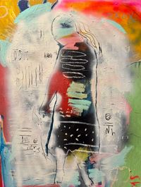 acrylic mixed media painting of a central figure with layered spray paint and oil stick.