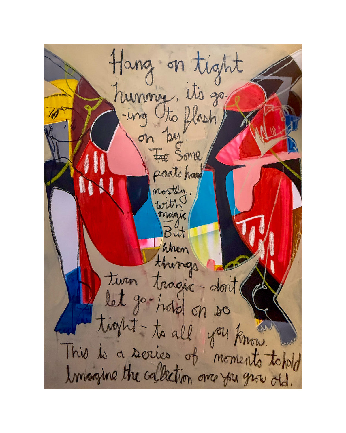 motivational art print features colorful expressive figures and handwritten text.