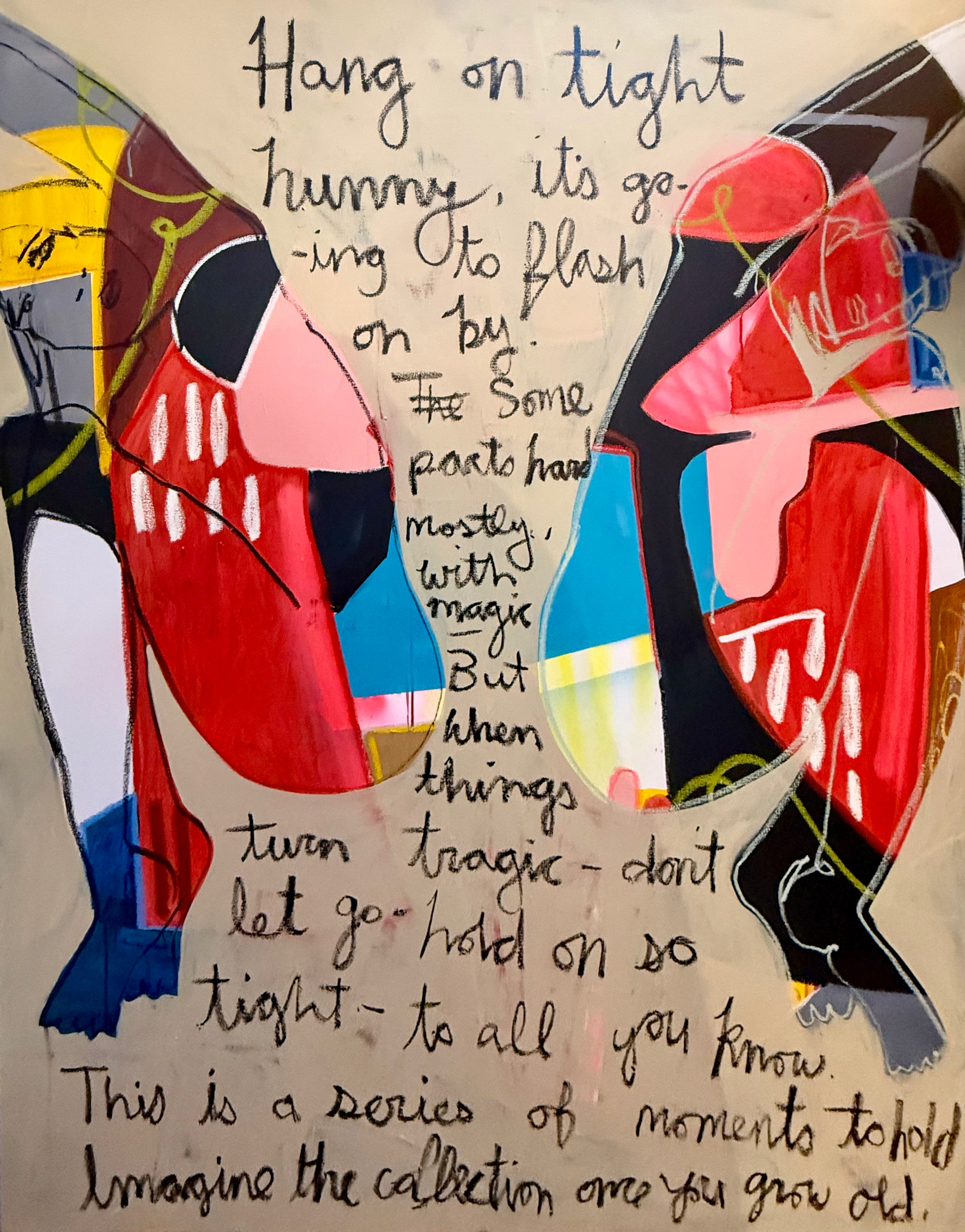 Abstract artwork with colorful figures and text on a textured background.