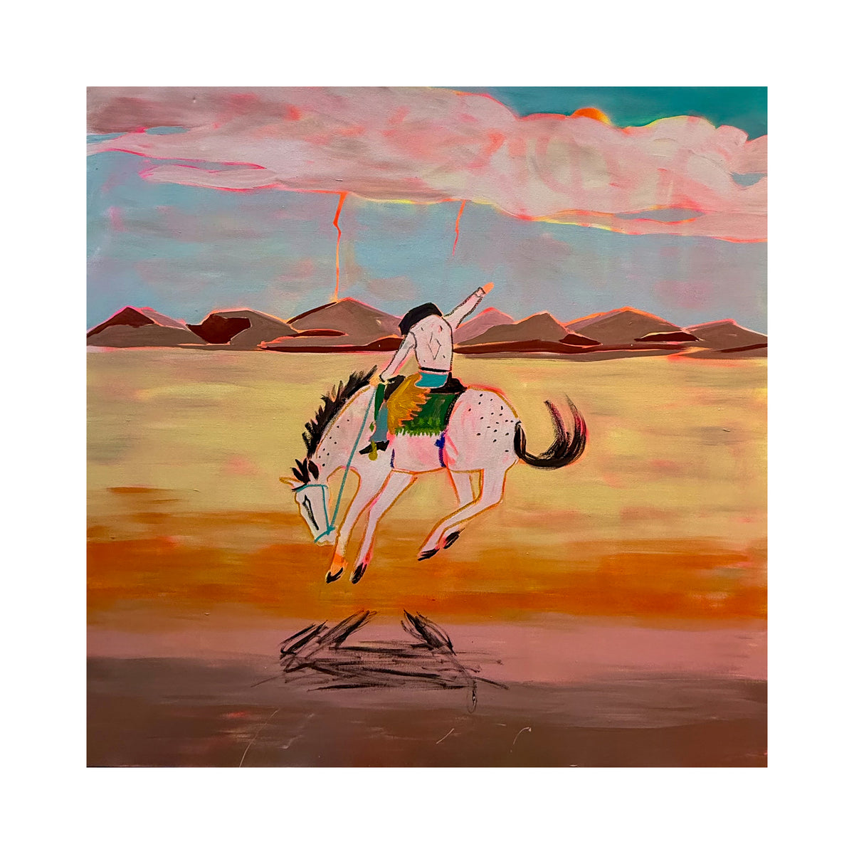 horse print art features horseback rider, distant mountains and colorful pastel sky.