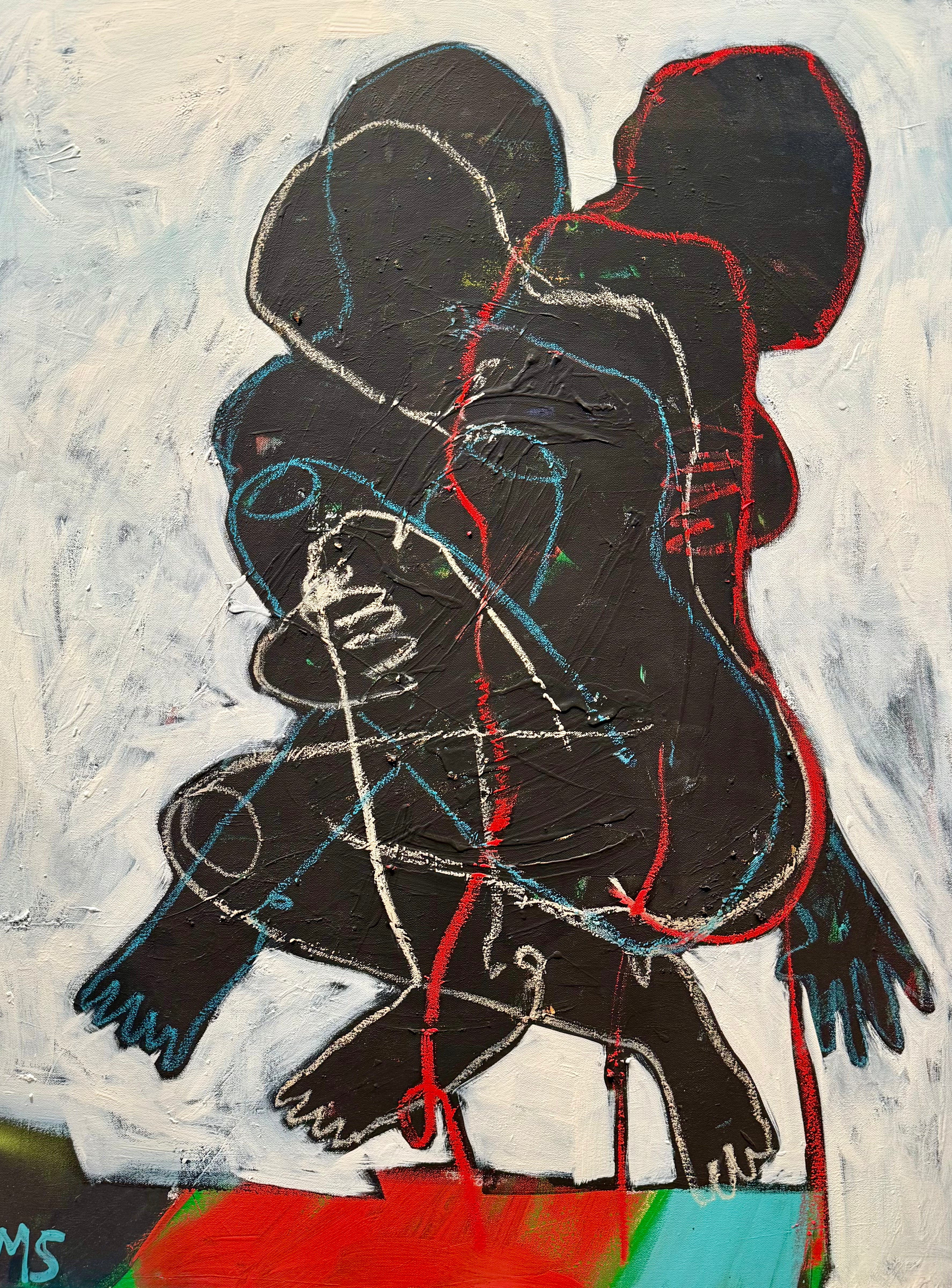 Abstract painting of figures embracing with dynamic lines on a textured background.