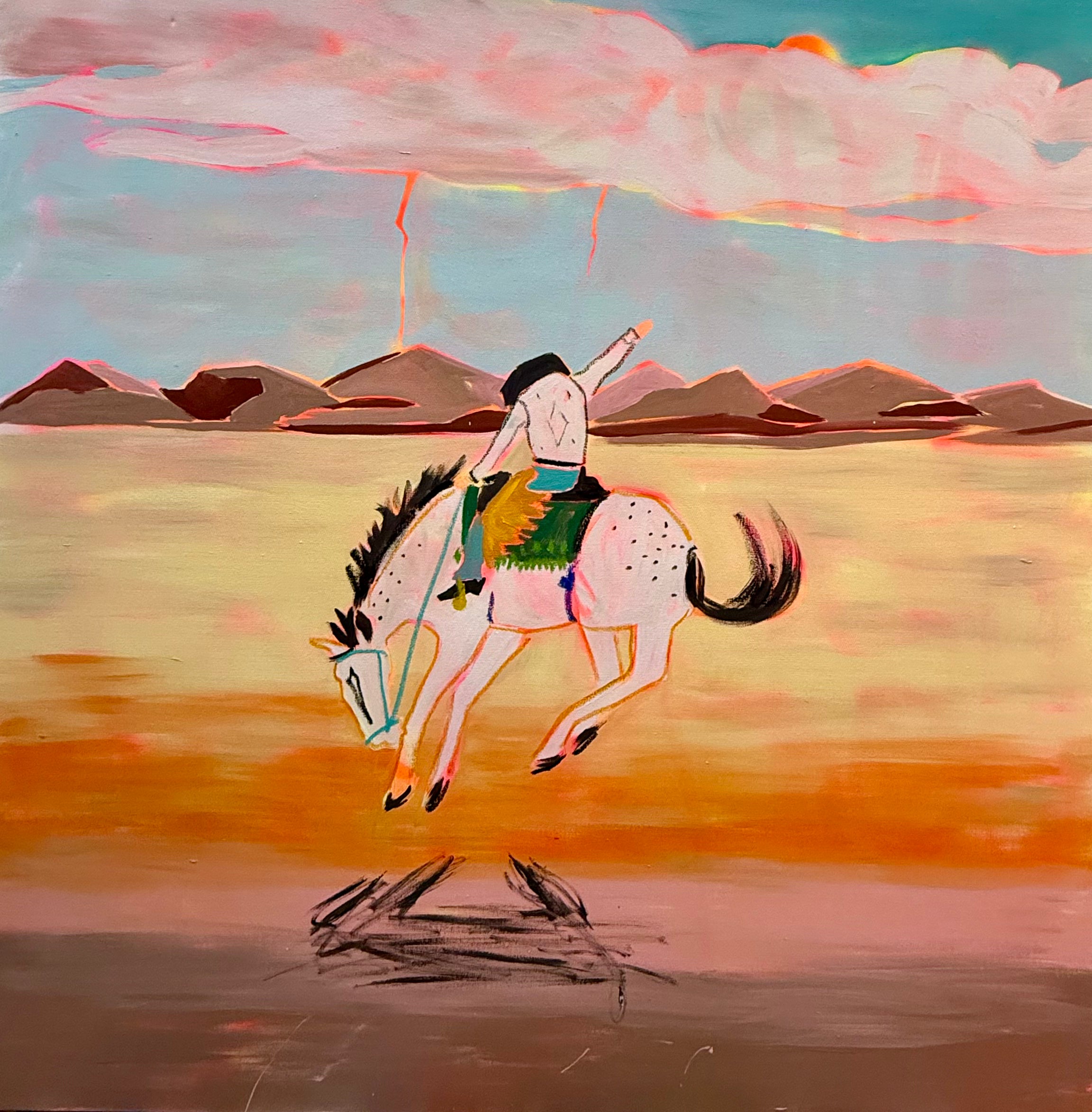 running horse artwork featuring a rider on a moving horse across a colorful desert landscape.
