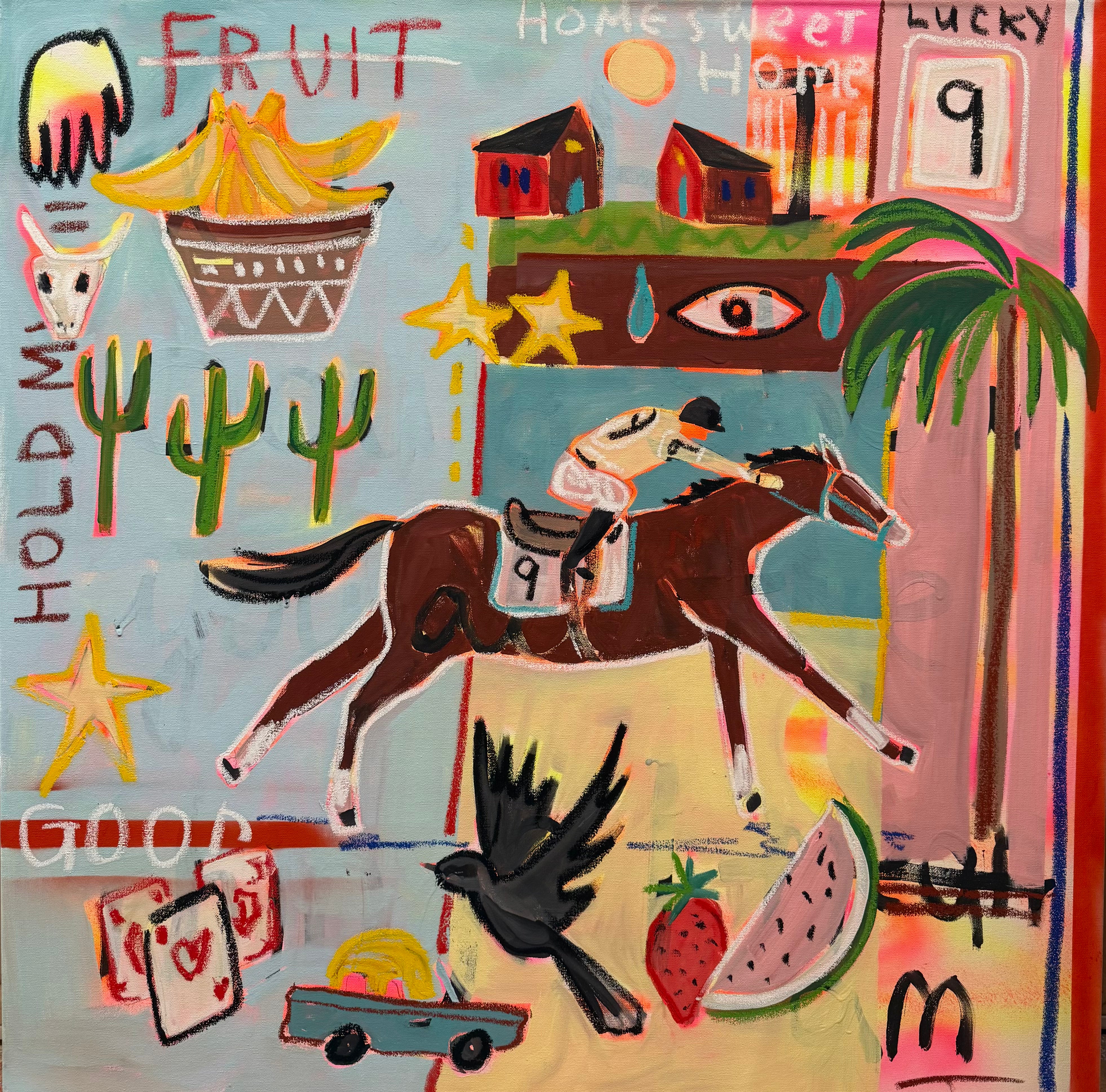 Colorful abstract painting with various elements including a horse, fruit, and text.