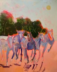 white horses painting showing a group of horses moving through a colorful landscape.
