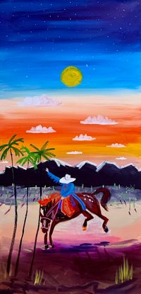 western painting featuring a figure on horseback against a sunset background with palm trees and a full moon.