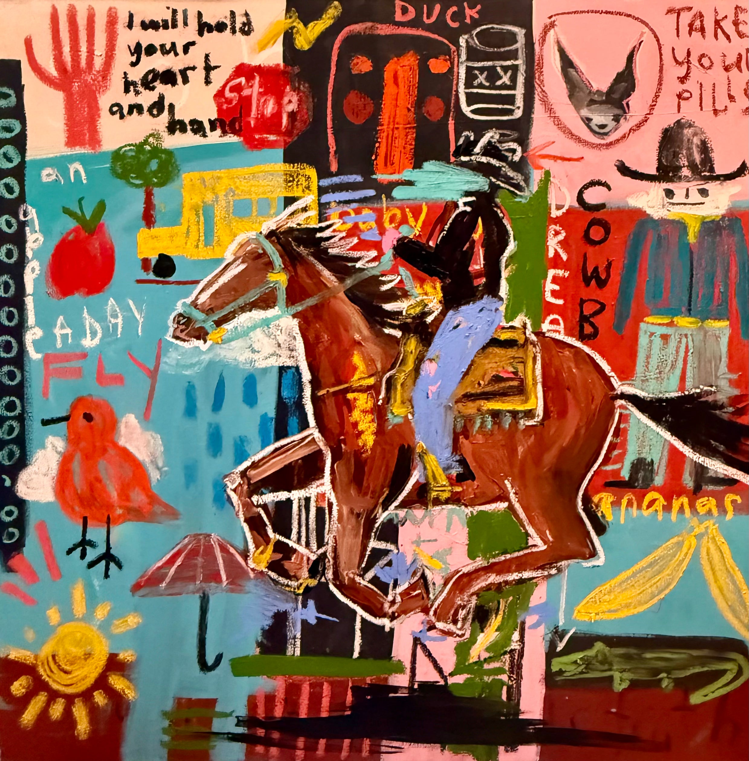 Brown horse painting titled i will hold your heart and hand showing a cowboy on a brown horse with graffiti and pop art doodles.