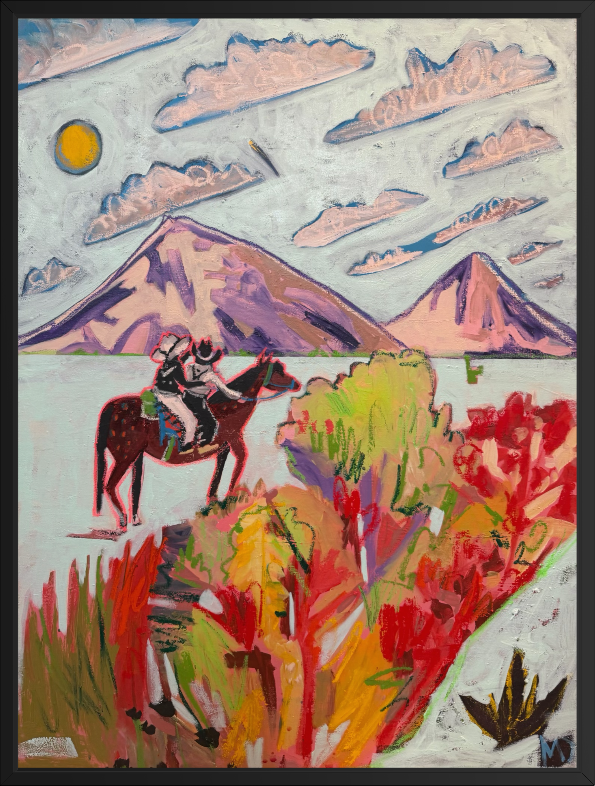 A colorful landscape painting featuring a rider on a horse in the foreground, mountains in the background.
