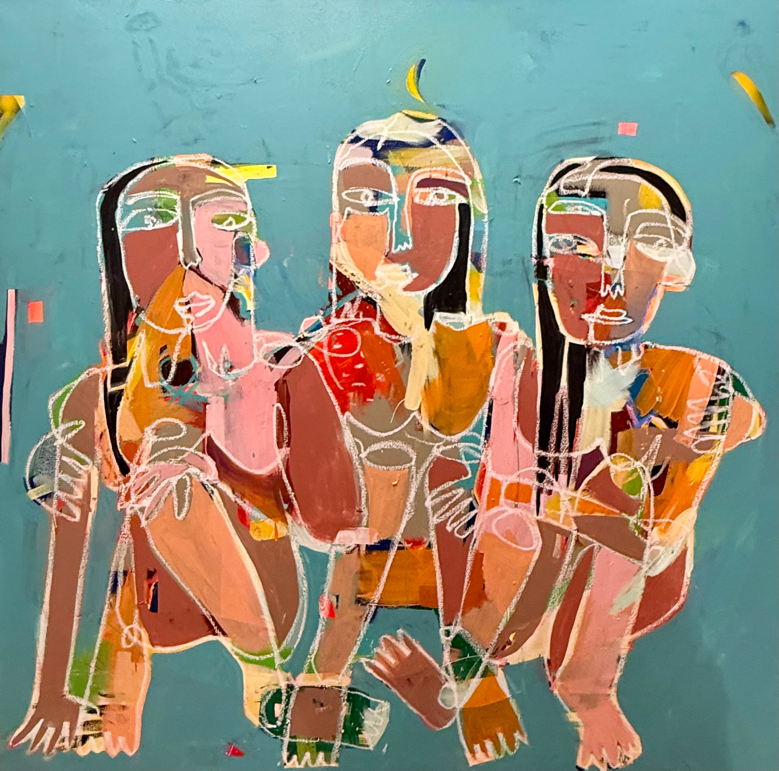 friendship art of three expressive human figures standing together on a turquoise background.