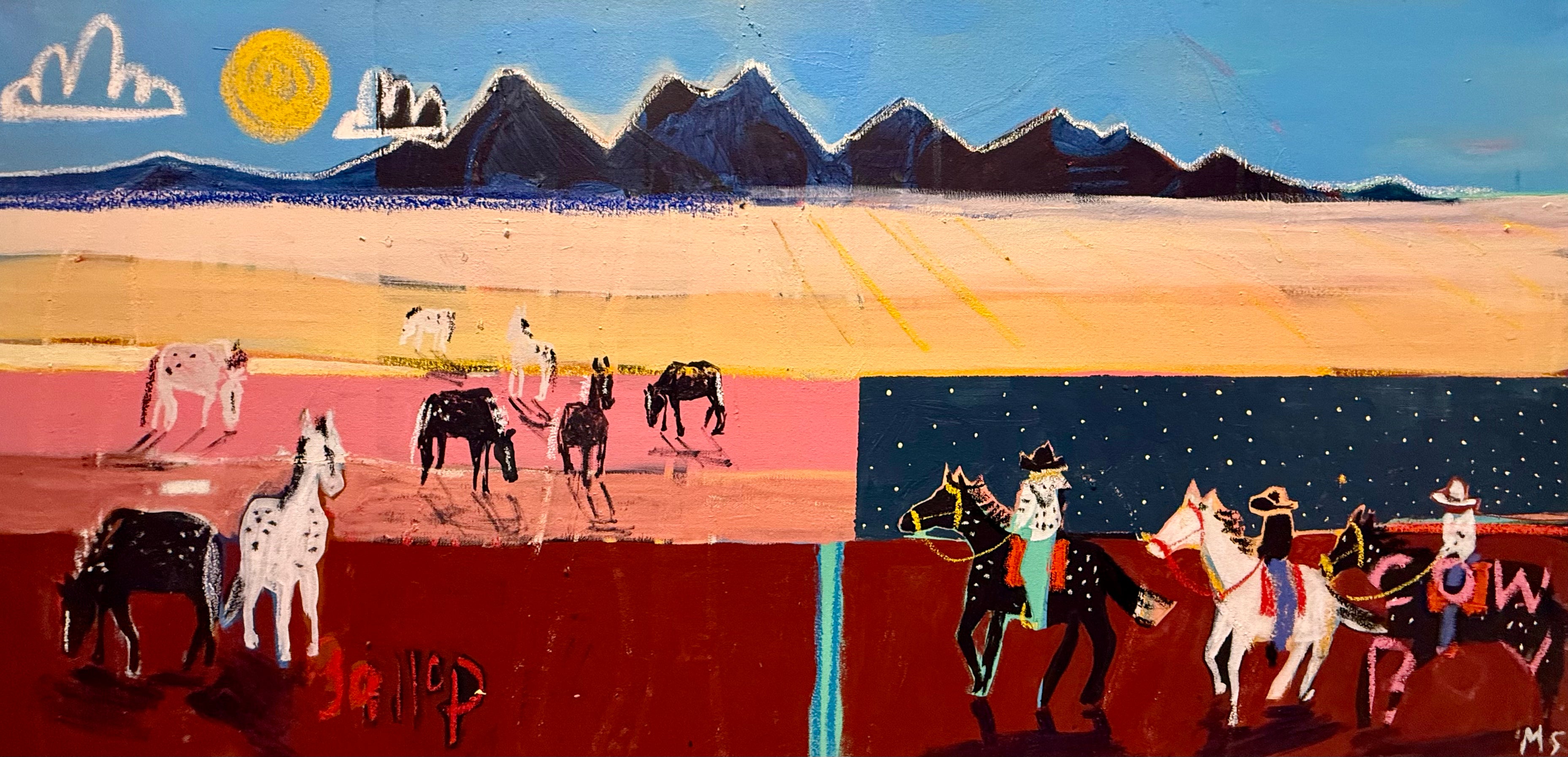 Painting of a desert landscape with animals and cowboys on horseback.