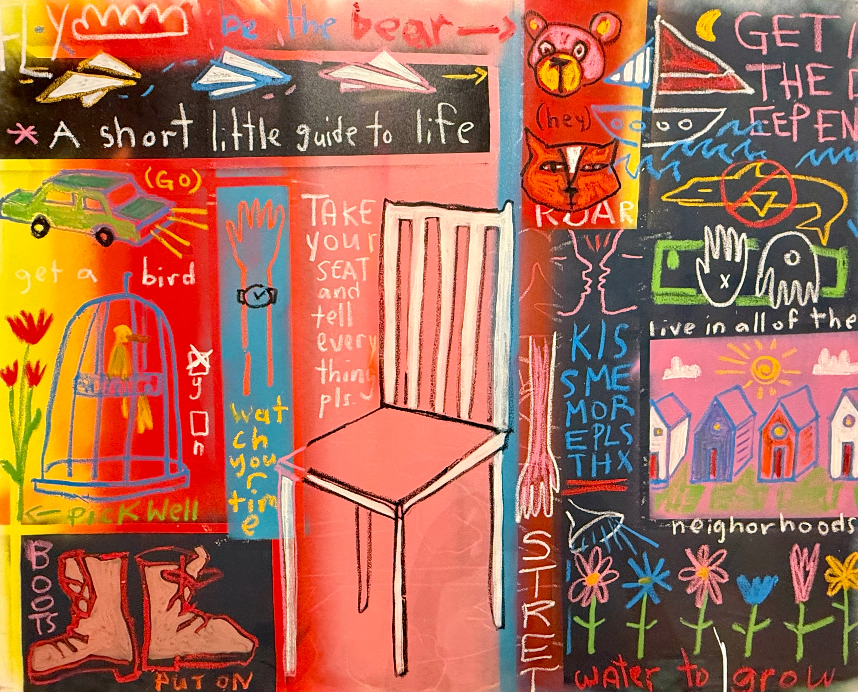 Colorful inspirational painting with handwritten messages,expreesive figures and a central chair.