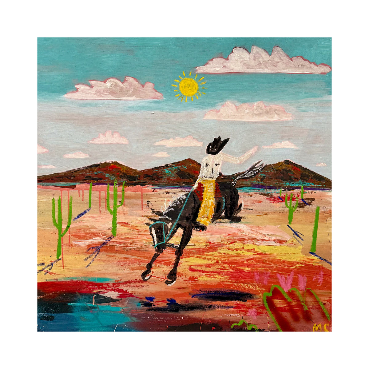 fine art reproduction titled jump as high as you can showing a cowboy riding a bucking horse in a vibrant desert landscape on paper.