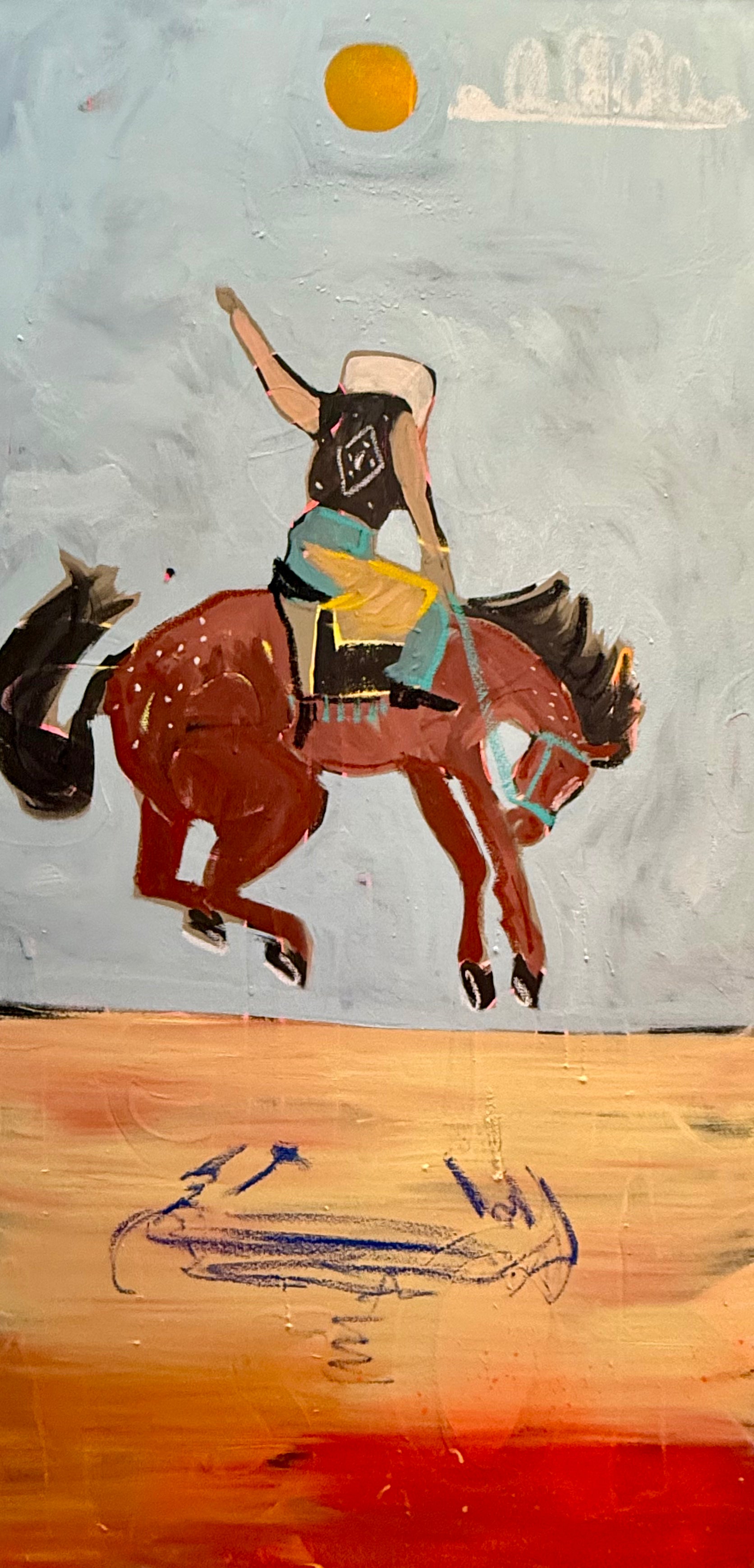 an original 24x48 bucking horse painting titled jump at it every chance you can showing a cowboy riding a bucking horse under an orange sun on canvas.