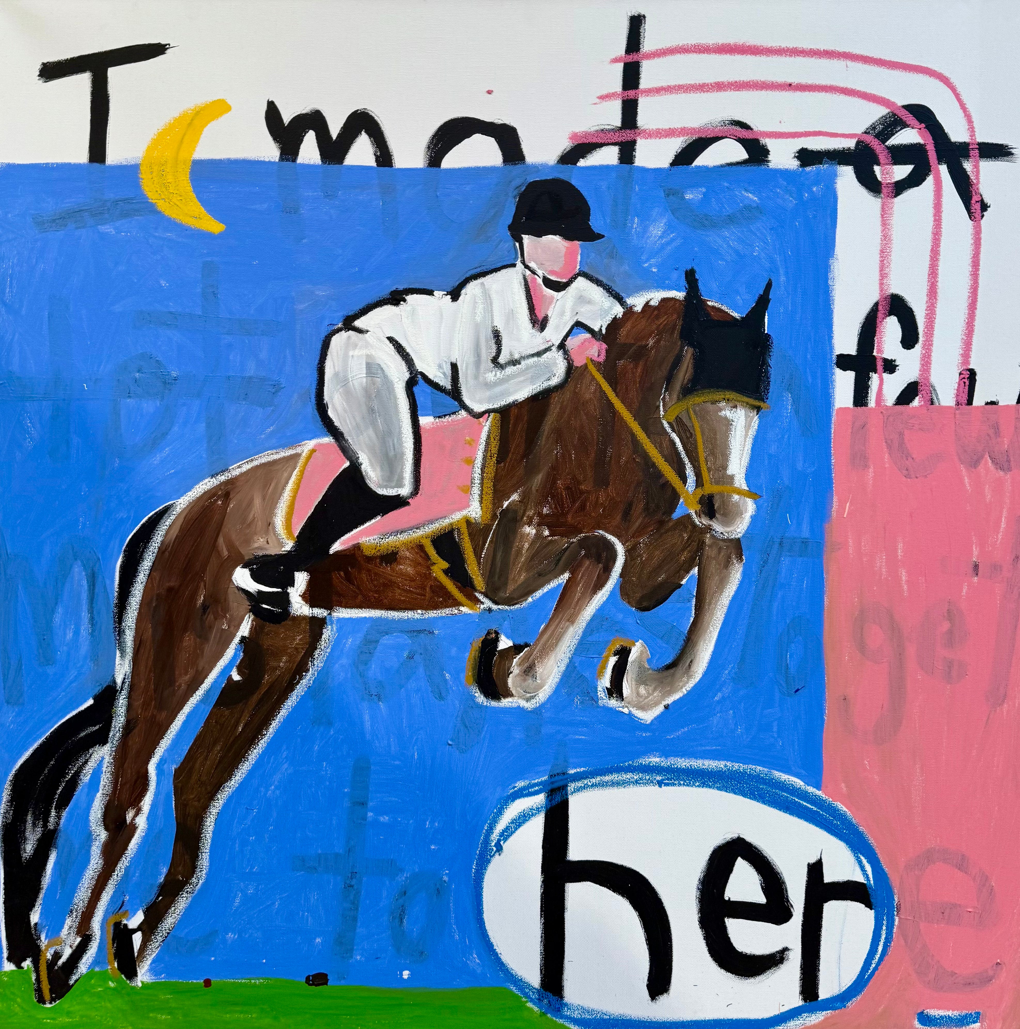 Equestrian wall art featuring a rider and brown horse in motion on a colorful canvas.