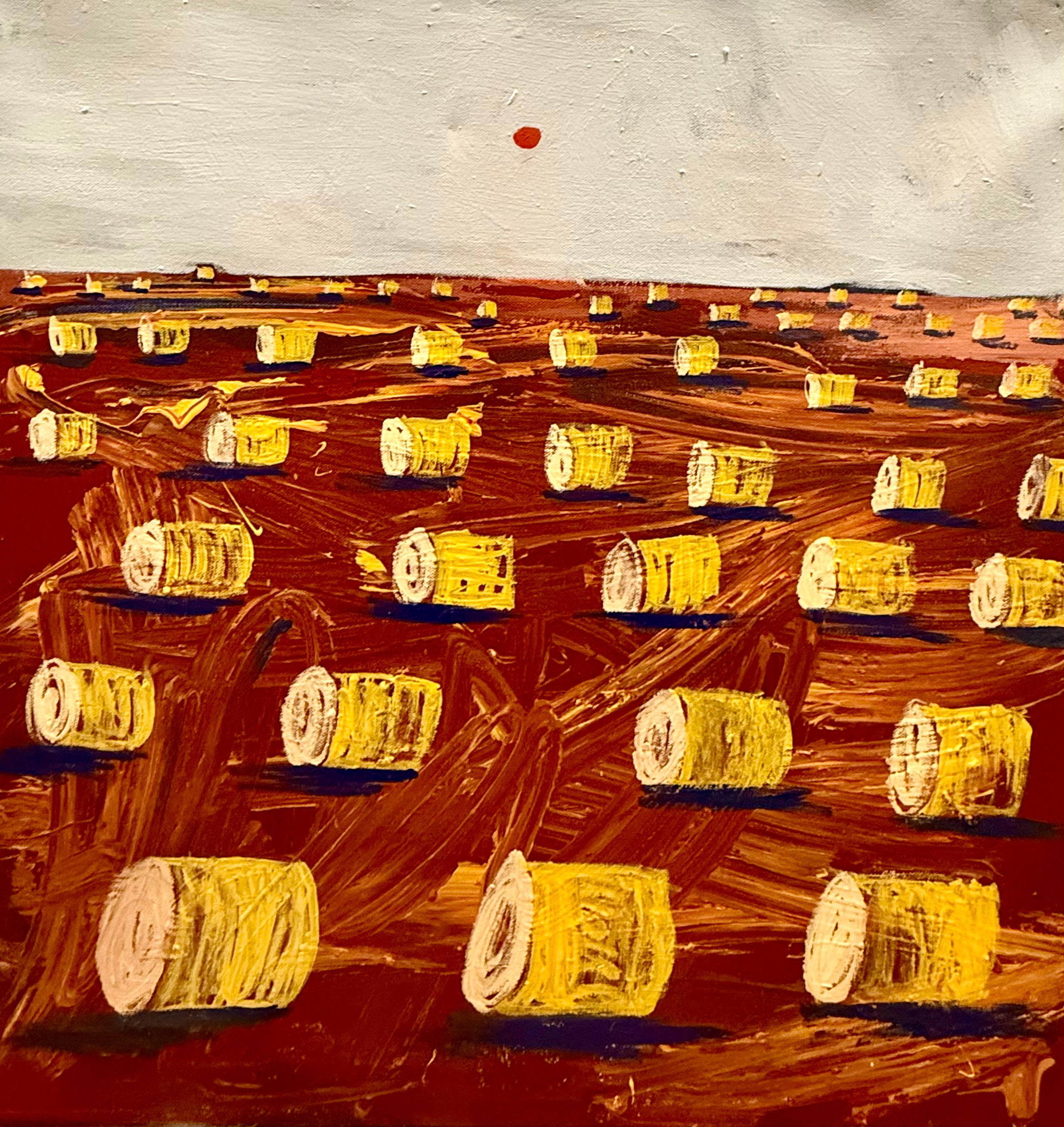Painting of yellow bales of hay on a brown field with a red dot in the sky.