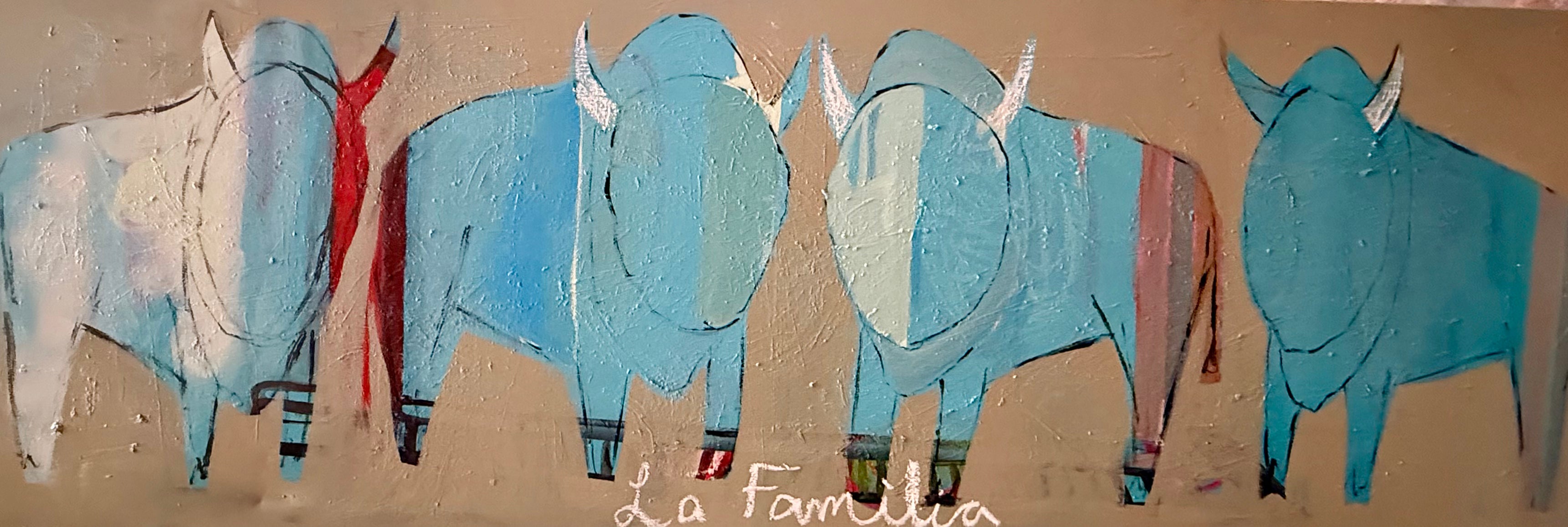 Bull artwork featuring four stylized blue bulls with colorful patterns on a beige background, featuring the text 'La Familia'.
