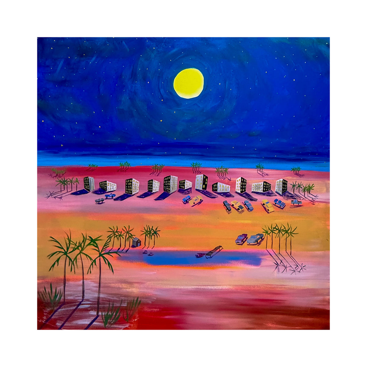 palm tree art print with glowing moon, water and vibrant tropical horizon.