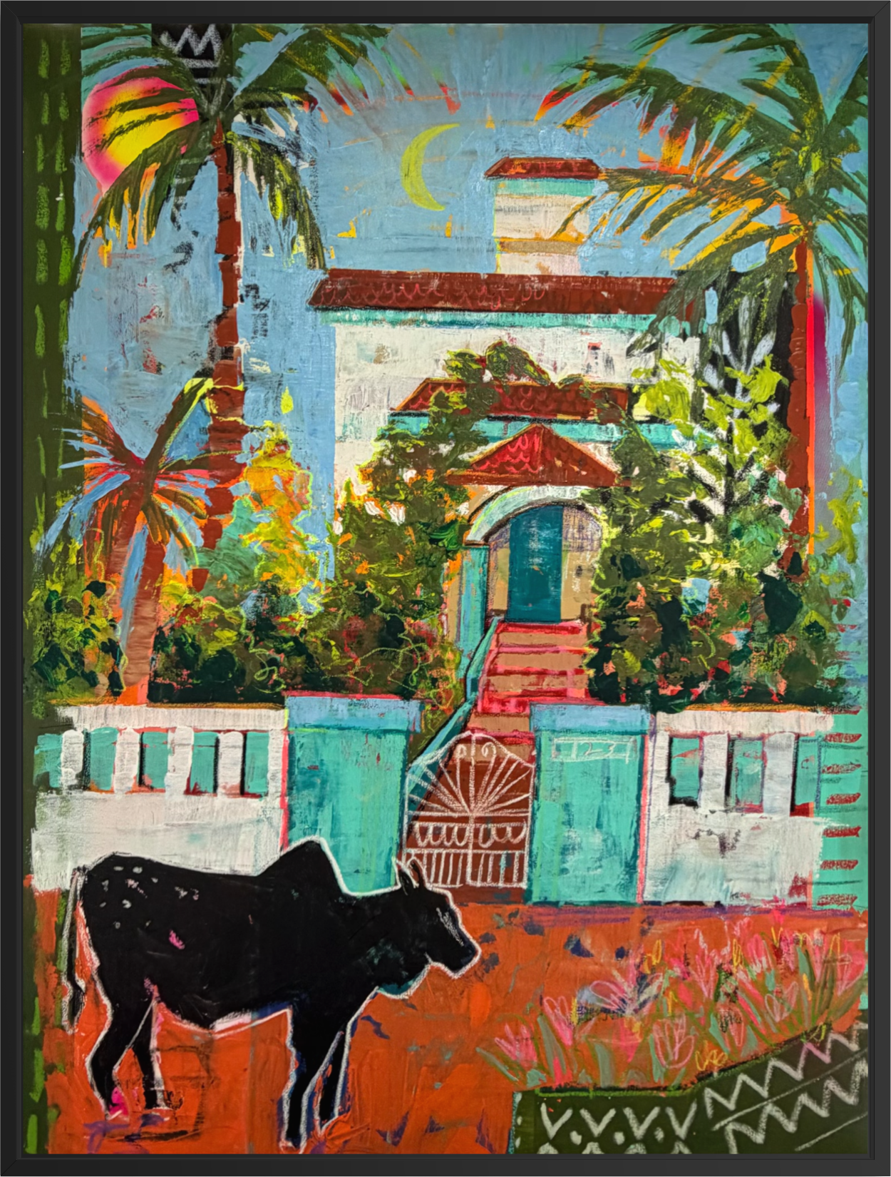 Colorful tropical house art print featuring a black cow, palm trees, and a vibrant home surrounded by lush plants.