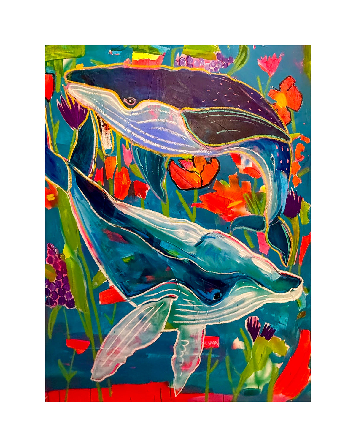 sea creature print features two whales swimming together among colorful underwater flowers.
