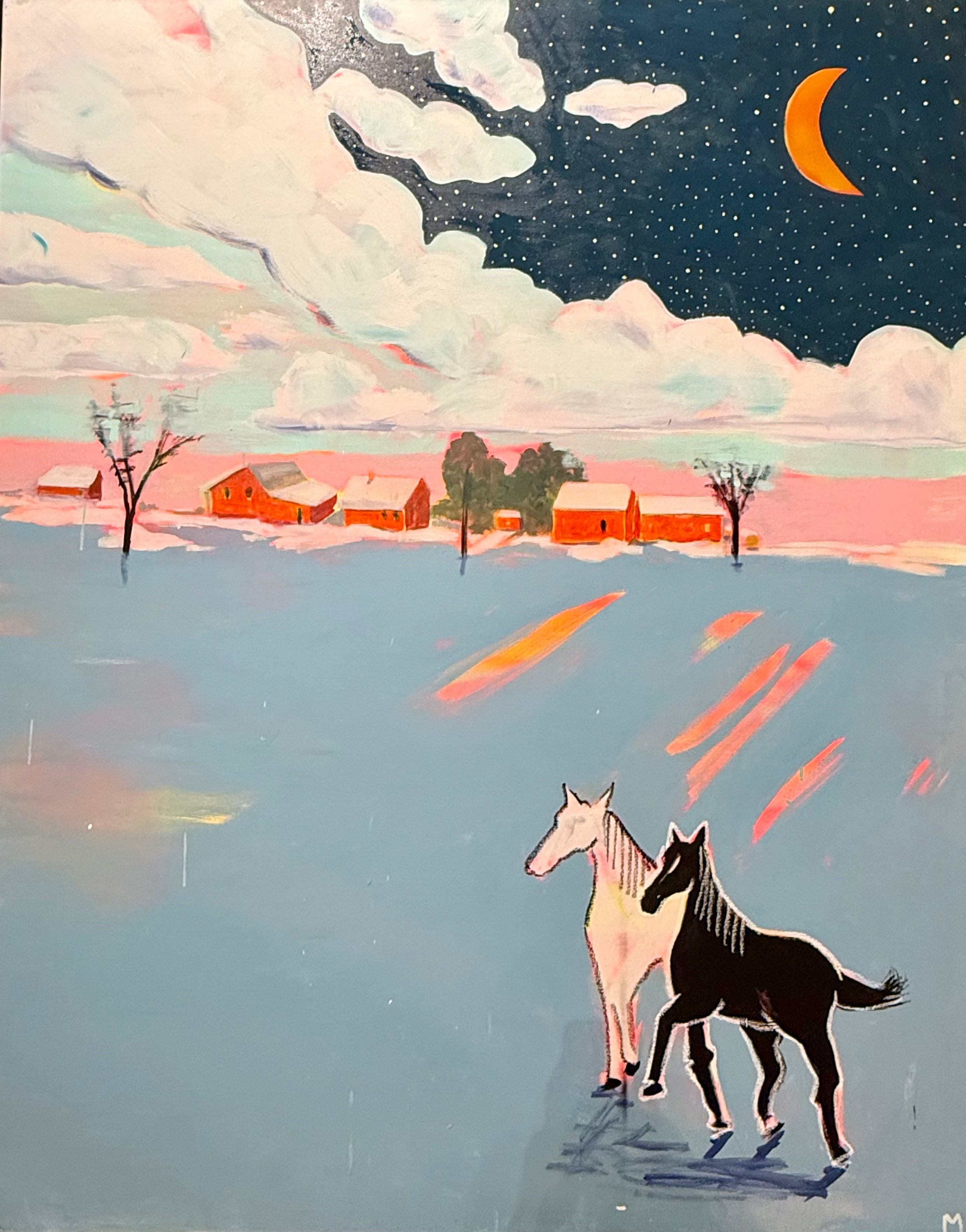 horse wall art featuring two horses beneath a crescent moon in a colorful landscape.