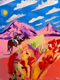mountain landscape wall art with a rider, purple mountains, blue sky.
